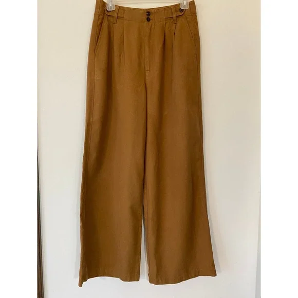 Madewell Harlow Wide Leg Pleated Trousers Brown Linen Blend Size 4 High Rise - Picture 2 of 9